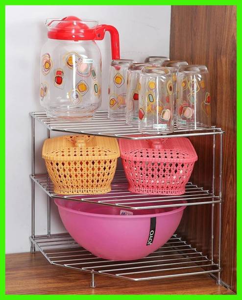 Zenzone Utensil Kitchen Rack Steel Kitchen Corner Rack 3 Tier Stainless Steel Storage Shelf - Space Saving Organize