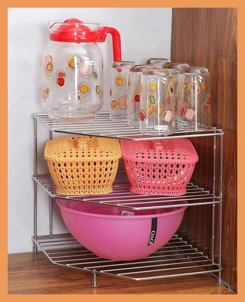 Zenzone Utensil Kitchen Rack Steel Multipurpose Corner Stand for Kitchen Storage 3 Tier Rack - Space Saving Organiz