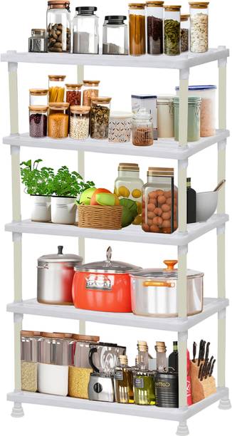 GlowSilk Fruits/Vegetables Kitchen Rack Plastic 5-Tier White Tray Rack for Stylish Kitchen Storage & Organization