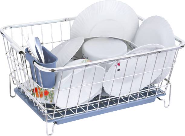 LIMETRO STEEL Dish Drainer Kitchen Rack Steel Dish Drainer Basket with Water Tray and Spoon Holder