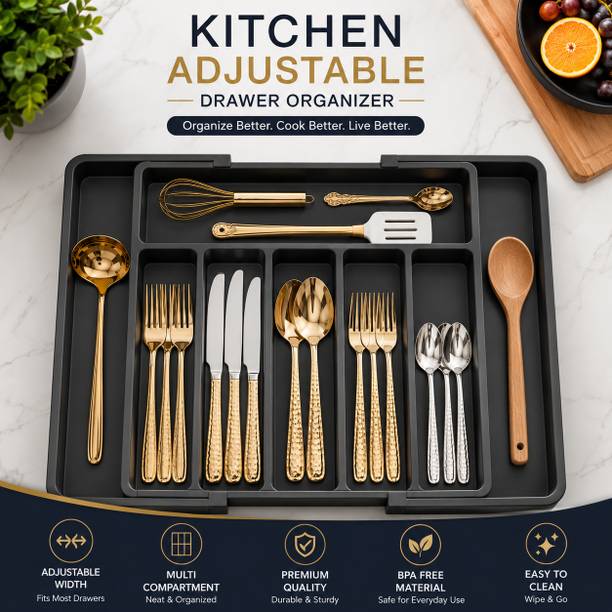 UPSILON Cutlery Kitchen Rack Plastic Kitchen Rack, Cutlery Drawer Organizer, Adjustable Utensil Tray ( BLACK - 1 )
