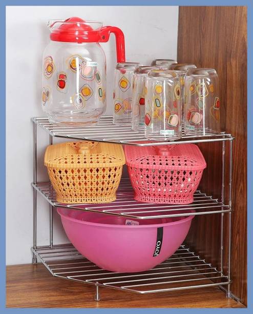 Zenzone Utensil Kitchen Rack Steel Multipurpose Corner Stand for Kitchen Storage 3 Tier Rack - Space Saving Organiz