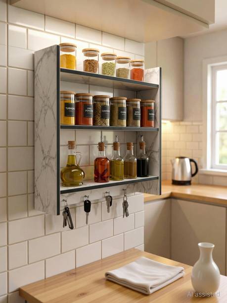 Home Makeover Group Containers Kitchen Rack Wood Modern White Marble Texture MDF Wall Shelf with Metal Hooks for Kitchen