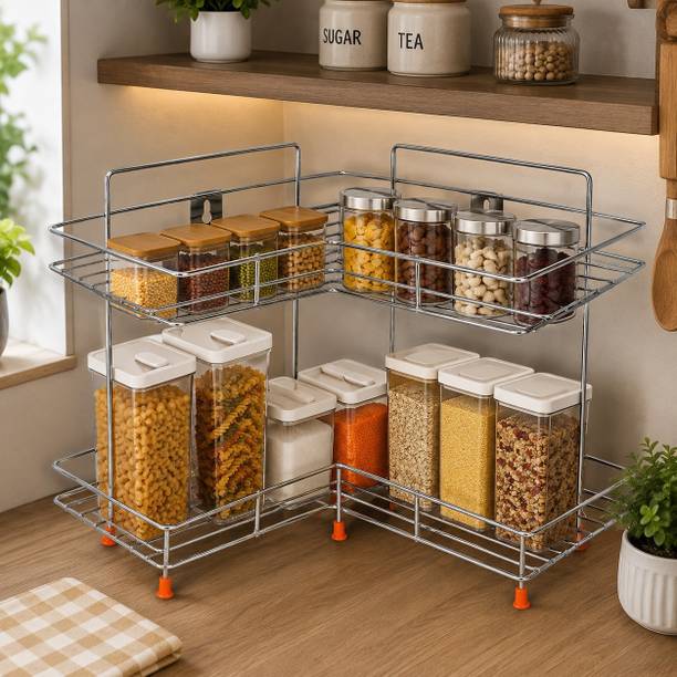 CHROMEPLUS Containers Kitchen Rack Steel 2 Tier Kitchen Countertop Organizer Rack for Utensil, Spice Jars