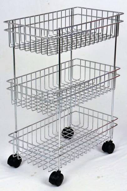 AMMEDARSHAN Fruits/Vegetables Kitchen Rack Steel Stainless Steel Fruits & Vegetable Trolley Basket with Wheel, Kitchen Crockery Storage Modular Rack Stand 3 Layer Multipurpose Kitchen Racks and Shelves