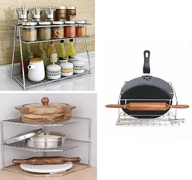 KPT Chakla/Belan Kitchen Rack Steel combo pack of stainless steel spice rack + corner rack + 4 in 1