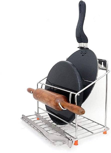 NH10 DESIGNS Chakla/Belan Kitchen Rack Steel 4-in-1 Stainless Steel Chakla Belan Tawa Chimta Stand for Kitchen Rack (NHSP)