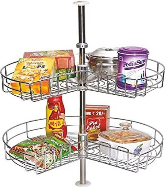 SMART SLIDE Utensil Kitchen Rack Steel Stainless Steel 2 Shelf Kitchen Corner Cabinet Organizer/Modular Kitchen Basket / Multifunctional Storage Rack / Adjustable Height Kitchen Carousel Unit (Carousel 22 Inch)