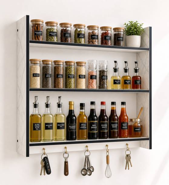 Rahat Handicraft Containers Kitchen Rack Wood Multipurpose Wall Mounted Storage Rack with Hanging Hooks & Open Shelves