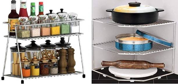 HOME SHIN PLUS Containers Kitchen Rack Steel Stainless Steel 3-Tier Storage Rack for Kitchen Plate Dish Corner Rack Stand