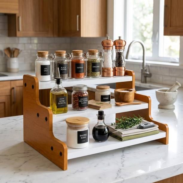oakline decor Containers Kitchen Rack Wood 3 Tier Wooden Kitchen Counter Organizer Spice Rack Coffee Station Shelf