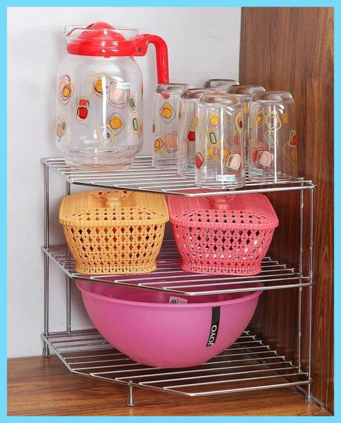 Zenzone Utensil Kitchen Rack Steel 3 Tier Metal Storage Rack for Kitchen Counter Corner - Space Saving Organizer