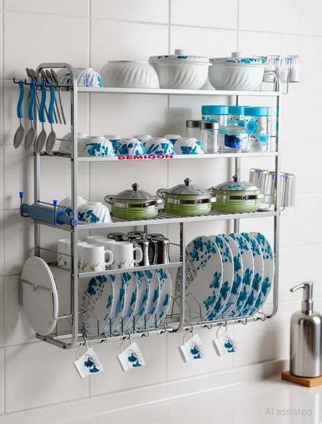 DEMIQON Utensil Kitchen Rack Steel 5 Shelves Kitchen Rack | Kitchen Wall Mount Rack | 31 x 30 Inch |