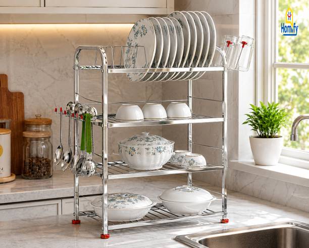HOMIFY Utensil Kitchen Rack Steel 4 Shelf Dish Rack | Modular Kitchen Utensils Rack | 24INCH (H) * 18INCH (L) Storage Basket | Stainless Steel Kitchen Rack (Steel)