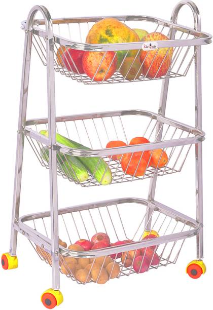 Kitchenify Kitchen Trolley 3 Layer Stand Holder Stainless Steel Dish Organizer with Wheels Steel Kitchen Trolley