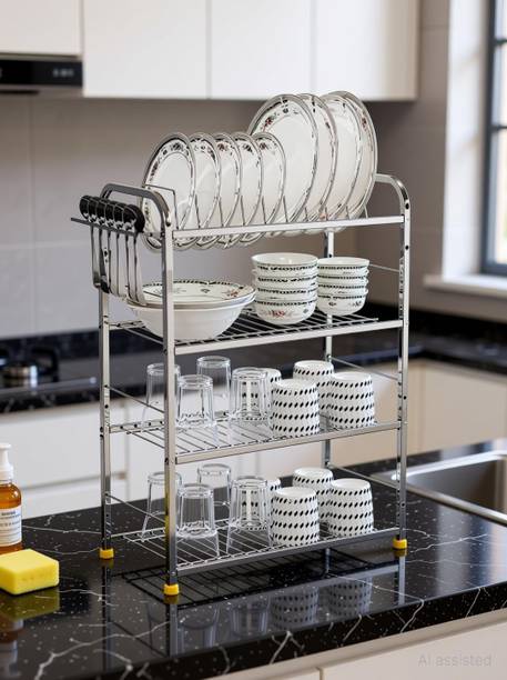 Zobby Utensil Kitchen Rack Steel 4 Shelf Dish Rack | Modular Kitchen Utensils Rack | 24 H x 18 L inch Storage Basket | Utensil Kitchen Rack