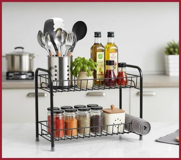 Zenzone Containers Kitchen Rack Iron 2 Tier Metal Kitchen Rack Spice Organizer Multipurpose Storage Shelf Rust Proof