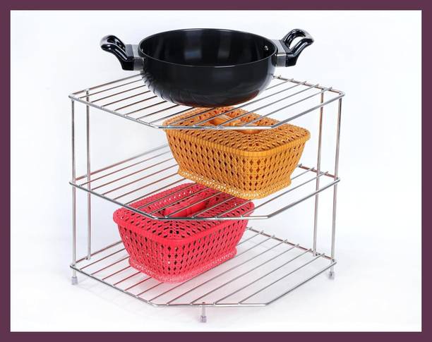 Zenzone Utensil Kitchen Rack Steel Steel Corner Shelf Steel 3 Tier Rack Modular Kitchen Use