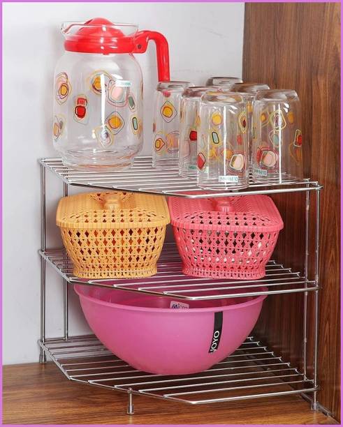 Zenzone Utensil Kitchen Rack Steel Multipurpose Corner Stand for Kitchen Storage 3 Tier Rack - Space Saving Organiz