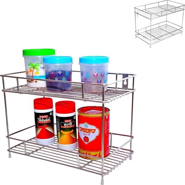 Shelfmart Utensil Kitchen Rack Steel Stainless Steel 2-Layer Kitchen Rack | Bottle & Jar Organizer