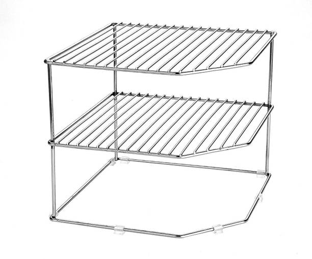 NH10 DESIGNS Chakla/Belan Kitchen Rack Steel Stainless Steel 2 Tier Kitchen Storage Rack for Corners Space Shelf Stand (NHSP)