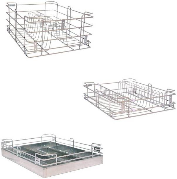 Bloo Basket Utensil Kitchen Rack Steel Stainless Steel Modular Kitchen Basket Accessories cabinets Multipurpose drawer 4" Cup Saucer/ 4" Cutlery Basket/ 8" Thali Basket wired(19 Inch Width * 20 Inch Depth)set of 3