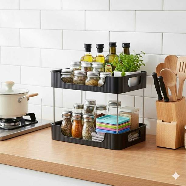 Aalok Containers Kitchen Rack Plastic 2-Tier Multi-Purpose Storage Rack: Modern Countertop Organizer Black