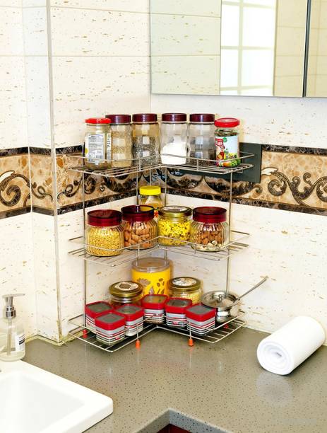 DIBBLY Utensil Kitchen Rack Steel Multipurpose kitchen steel rack, 3 layer L-Corner Stand for Kitchen & bathroom