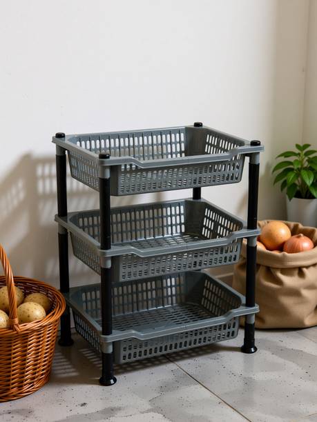VM BOND Fruits/Vegetables Kitchen Rack Plastic Kitchen Rectangle 3 Layer Plastic Folding Rack Storage Onion Potato Sabji, Fruit