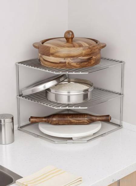 Value Adds Chakla/Belan Kitchen Rack Steel Stainless Steel Multipurpose Kitchen Corner Spice Rack Chakla Belan Storage