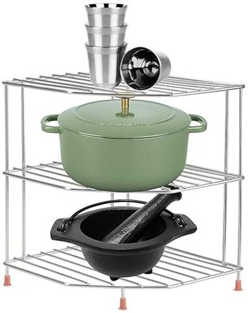 Maxtan Chakla/Belan Kitchen Rack Steel Stainless Steel 3 -Tier Kitchen Corner Rack, Storage Shelf Rack, Dish Rack