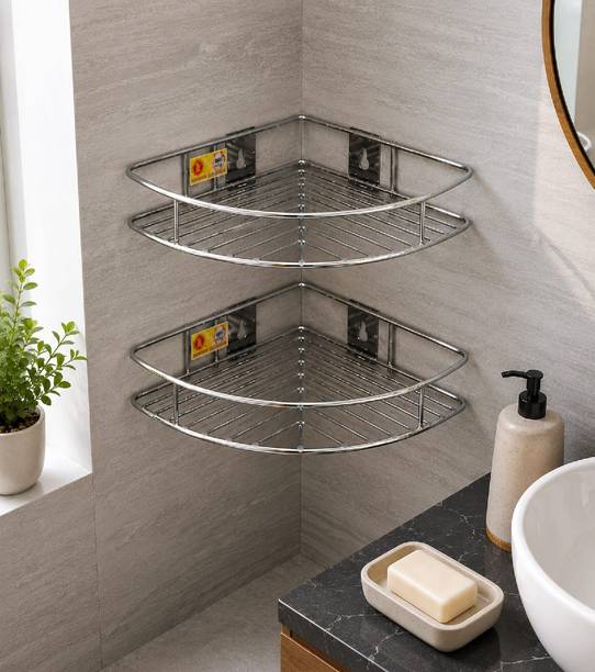 GHEEVITA Can Kitchen Rack Steel Wall Mounted Two Tier Corner Bathroom Shelf Pack Of 2