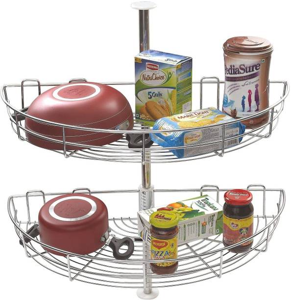 Smartslide Utensil Kitchen Rack Steel Stainless Steel 2 Shelf Kitchen Corner Cabinet Organizer/Modular Kitchen Basket / Multifunctional Storage Rack / Adjustable Height Kitchen Carousel Unit (Half Circle Carousel 24 Inch)