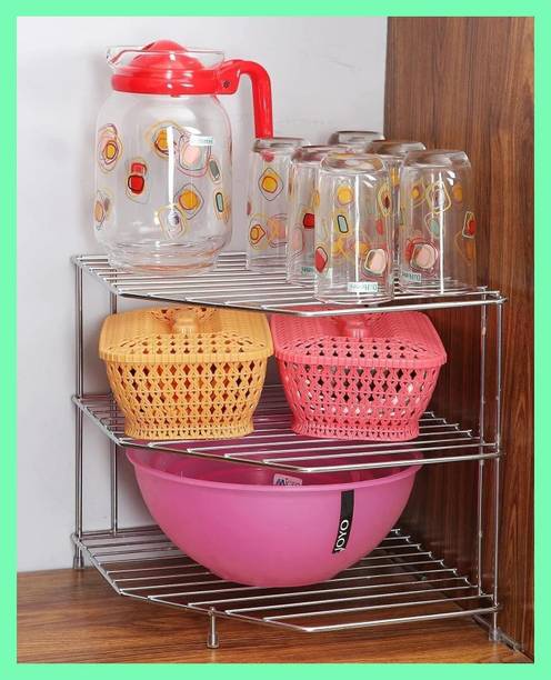 Zenzone Utensil Kitchen Rack Steel 3 Tier Metal Storage Rack for Kitchen Counter Corner - Space Saving Organizer
