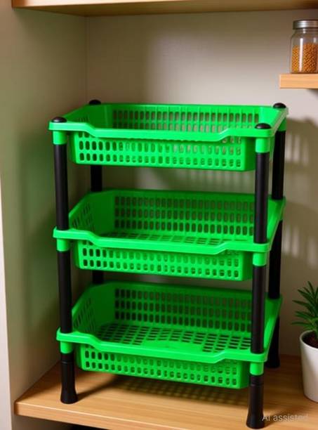 VM BOND Fruits/Vegetables Kitchen Rack Plastic Three-Tier Red Plastic Kitchen Rack