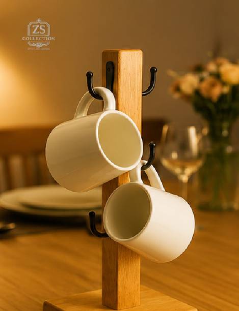 Zs collection Wooden Mug Holder Stand with Metal Hooks for Coffee Cups & Kitchen Counter Wooden Glass Holder