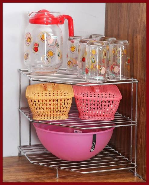 Zenzone Utensil Kitchen Rack Steel Multipurpose Corner Stand for Kitchen Storage 3 Tier Rack - Space Saving Organiz