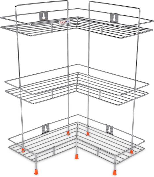 chromplus Utensil Kitchen Rack Steel Chromplus Stainless Steel L-Shaped 3-Tier Corner Kitchen Rack (Silver)