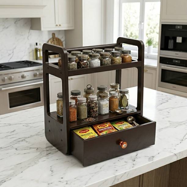 Deligno Mart Containers Kitchen Rack Wood Wooden Kitchen Rack with Drawer 2 Tier Countertop Spice Organizer Rack