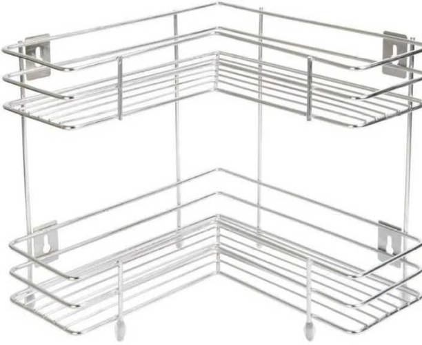 Dhruvmagic Utensil Kitchen Rack Steel Magic L Corner Shape Stand Chrome Finish 2-Tier Multipurpose Storage Rack