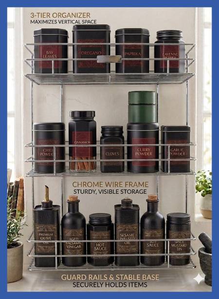 VISKHAPRA Containers Kitchen Rack Steel 3-Tier Kitchen Organizer Shelf for Pantry, Cabinet & Countertop | Chrome