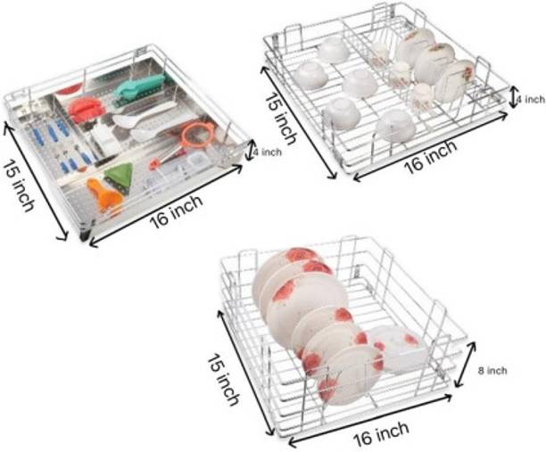 Orbix Stainless Steel cutlery kitchen rack stainless steel cup cutlery thali (15x16 inch ) combo Storage Basket