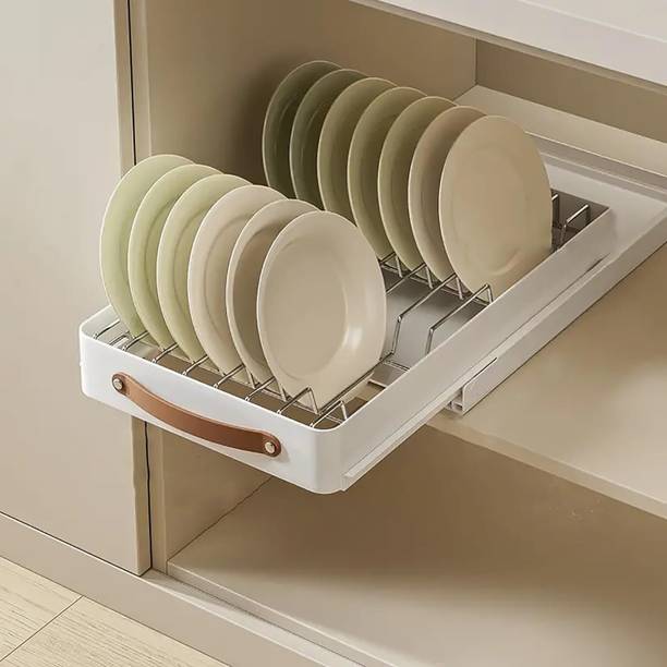 HOUSE OF QUIRK Plate Kitchen Rack Steel Kitchen Cabinets, Pull Out Drawer 14 Plate Dish Rack (Cream)