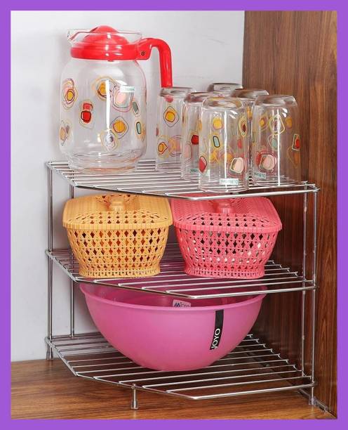 Zenzone Utensil Kitchen Rack Steel Kitchen Corner Rack 3 Tier Stainless Steel Storage Shelf - Space Saving Organize