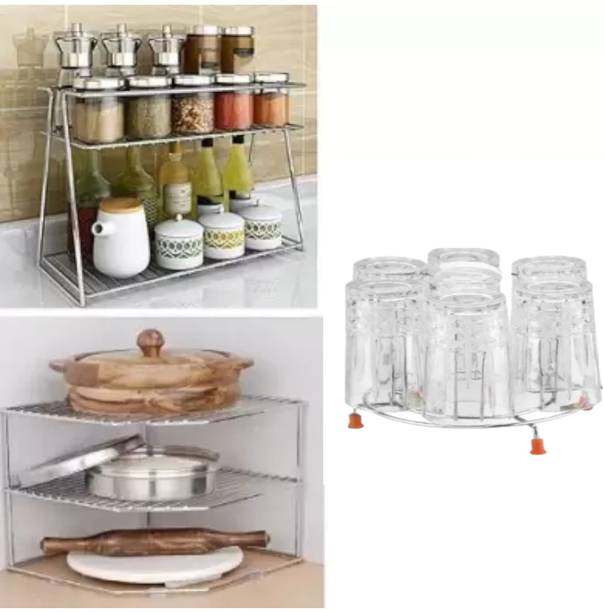 Tajpur Traders Containers Kitchen Rack Steel Modern Stainless Steel Pack Of 3 [Corner+Spice+Glass Stand]