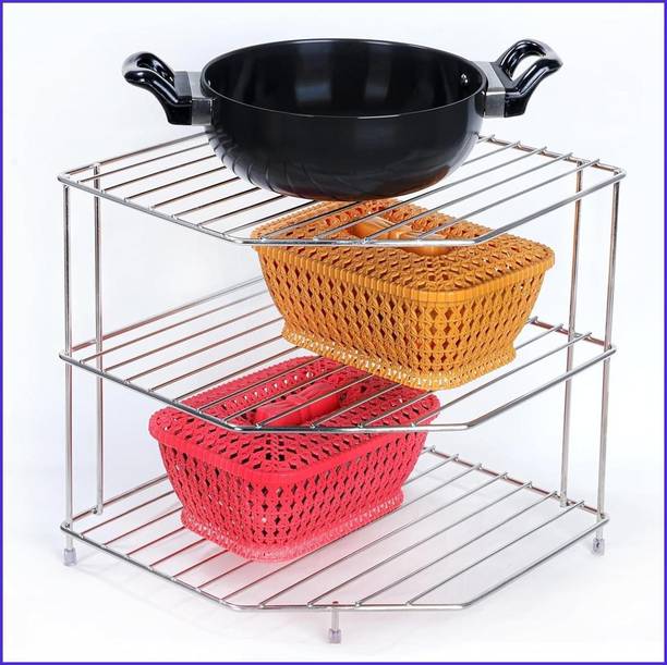 Zenzone Utensil Kitchen Rack Steel Steel Corner Shelf Steel 3 Tier Rack Modular Kitchen Use