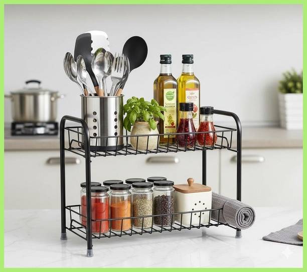 Zenzone Containers Kitchen Rack Iron 2 Tier Metal Kitchen Rack Spice Organizer Multipurpose Storage Shelf Rust Proof