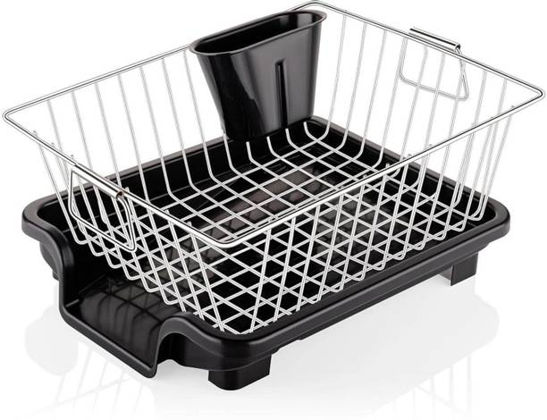 Drivakrisha Dish Drainer Kitchen Rack Steel Stainless Steel Dish Drainer Basket & Plastic Brown Drain Tray for Kitchen