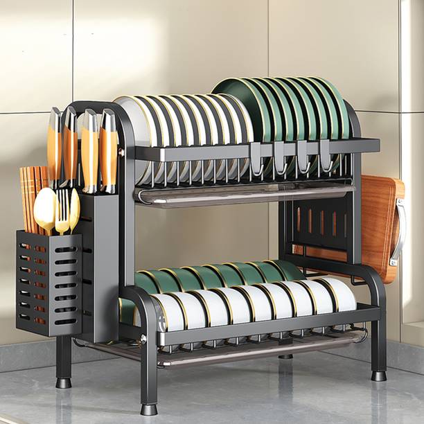 iBELL Dish Drainer Kitchen Rack Carbon Steel DR242 Dish Drying Rack, 2-Tier Drainer Shelf, Kitchen Organizer, Utensil Storage