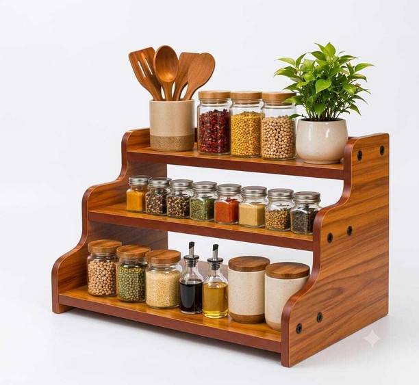ATRACDECOR Containers Kitchen Rack Wood 3 Tier Wooden Spice Organizer Rack
